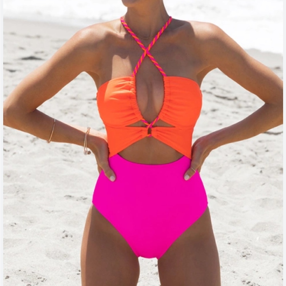 Strappy Two-Tone Cutout One-Piece Swimsuit - Orange & Hot Pink
